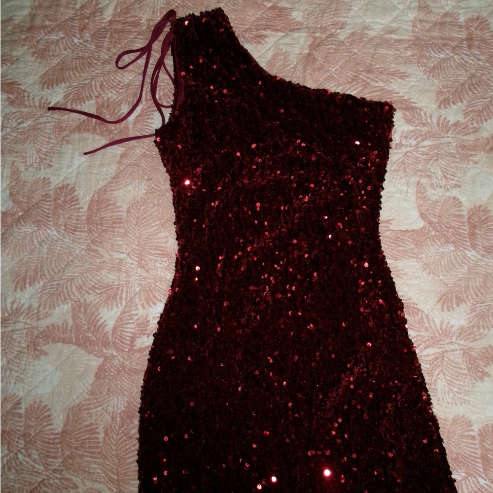 Lucy in the Sky Burgundy Sequin One-Shoulder Dress
